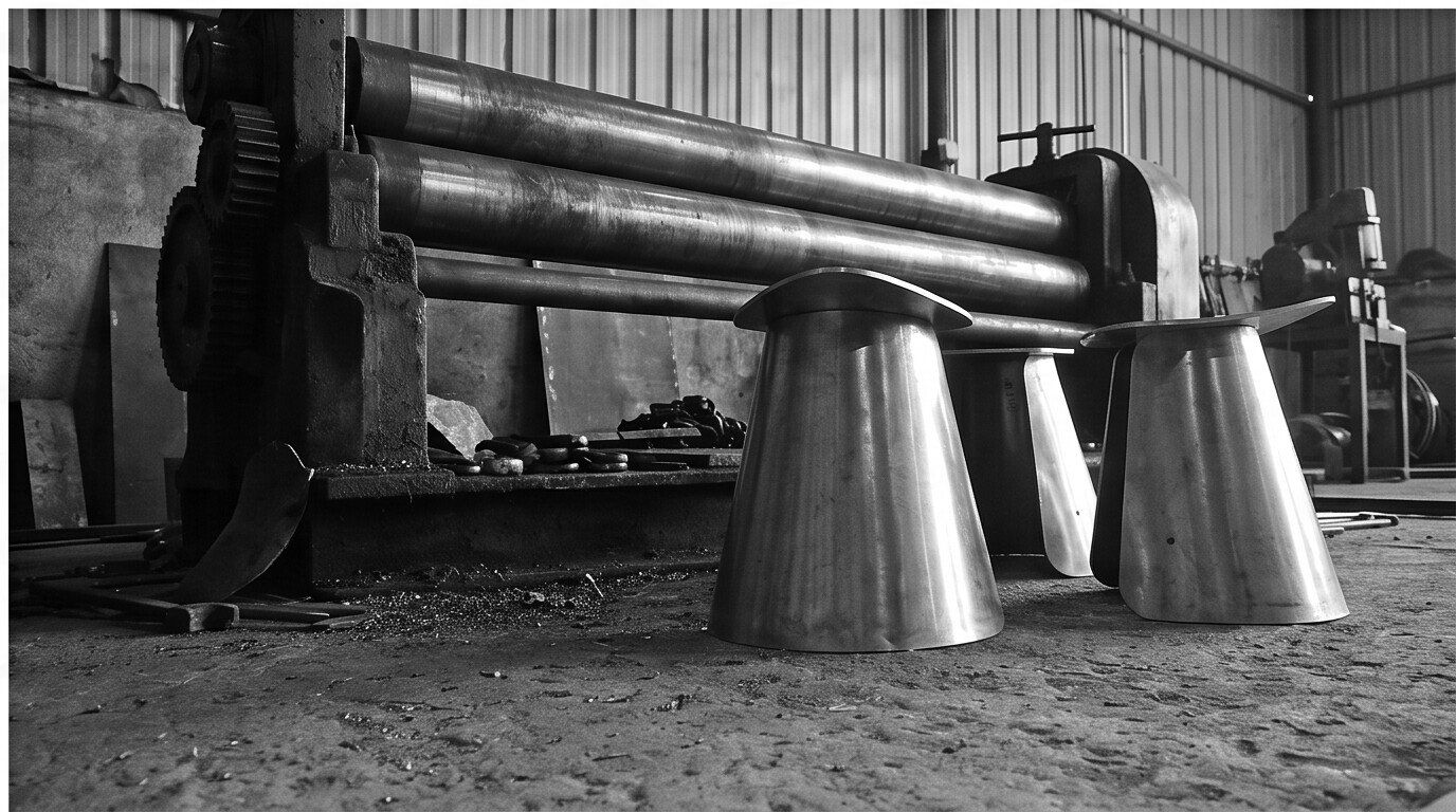 Metal prototypes beside a plate rolling machine in the GĒV workshop
