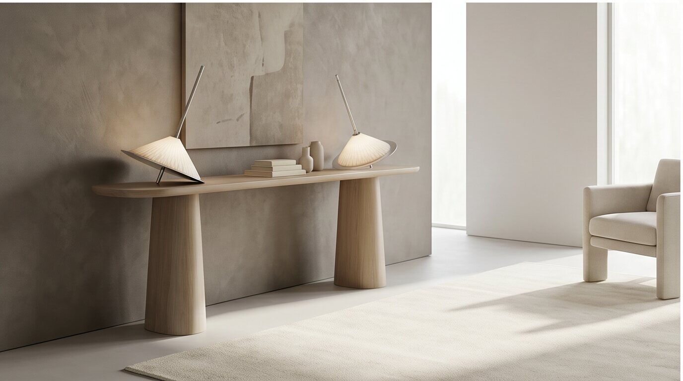 Two Short Damavand lights displayed on a sculptural shelf