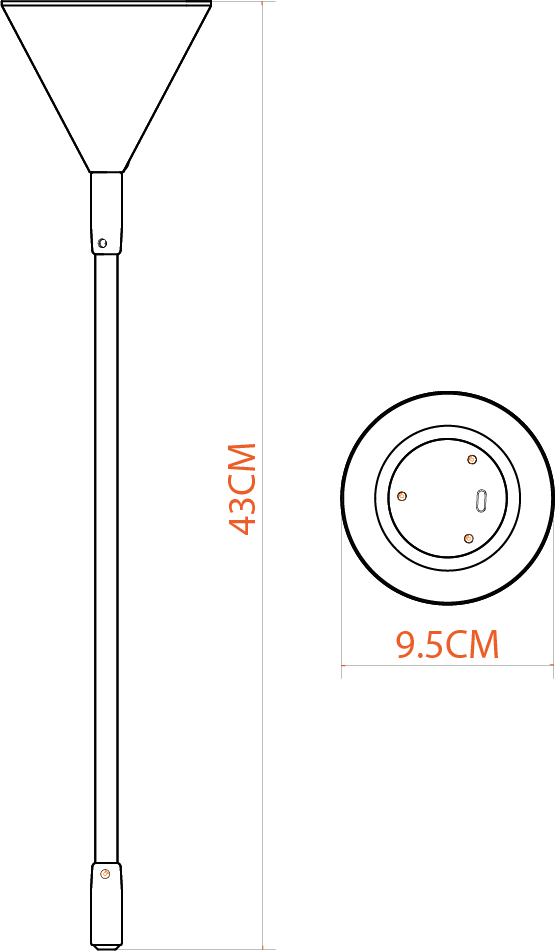 Laleh technical drawing showing 43 centimetre height and 9.5 centimetre diameter