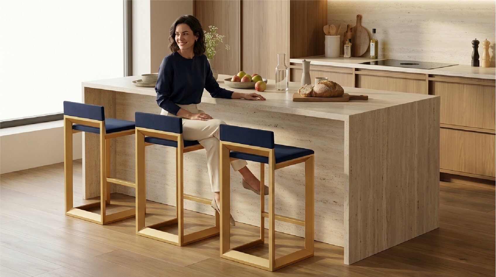 Three Rija Bar Stools at a contemporary kitchen island