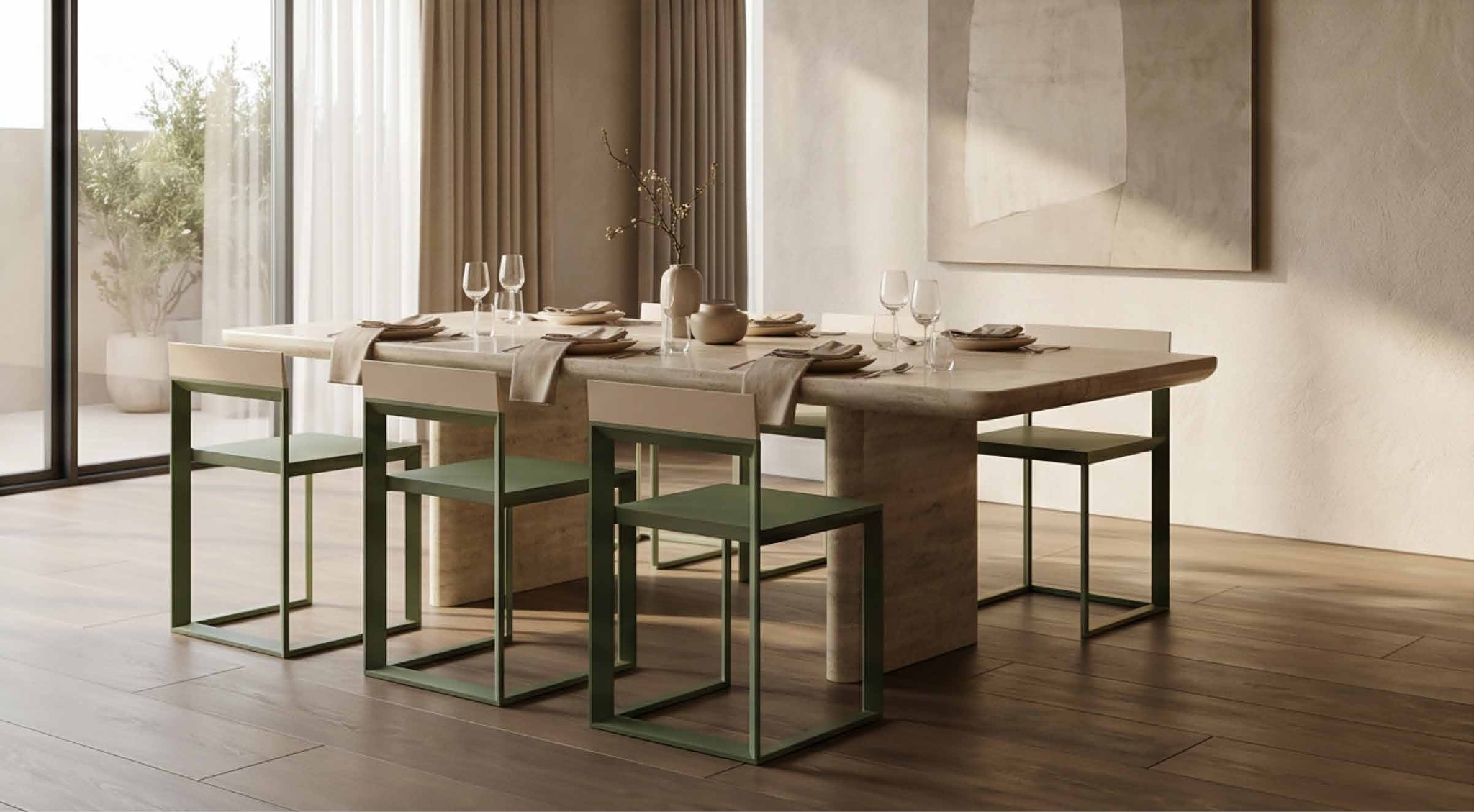 Rija Dining Chairs around a stone dining table by GĒV Studio