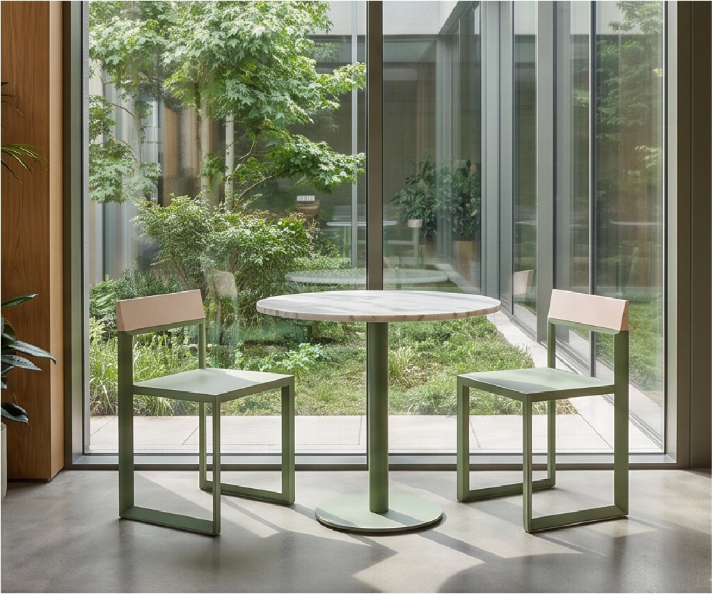 Two green Rija Dining Chairs beside a café table and garden window