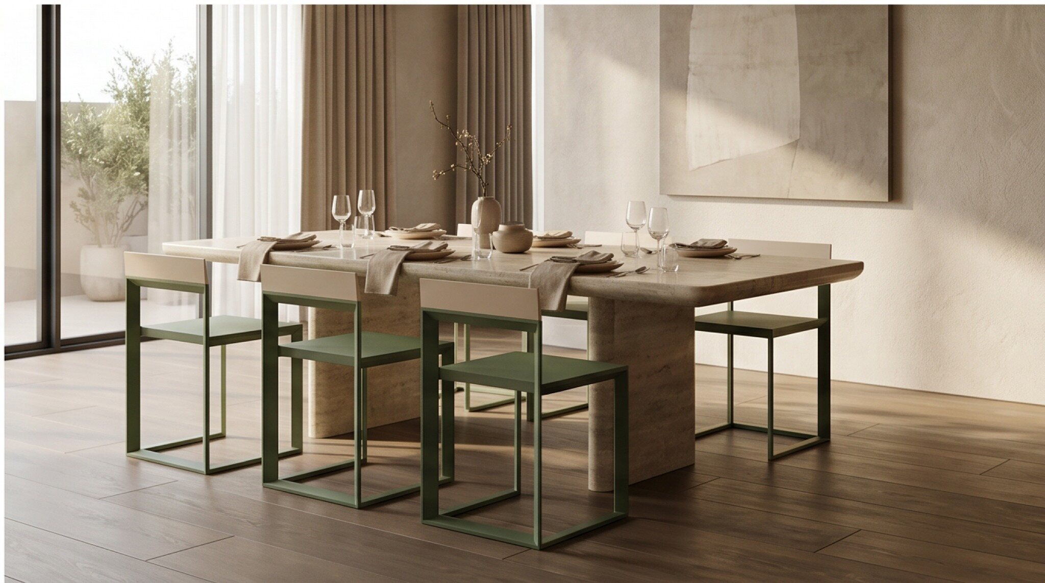 Green Rija Dining Chairs arranged around a stone dining table