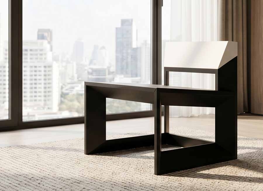 Rija Lounge Chair with geometric black frame by GĒV Studio