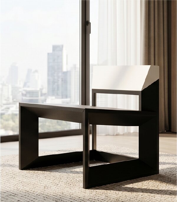 Black and white Rija Lounge Chair beside a city window