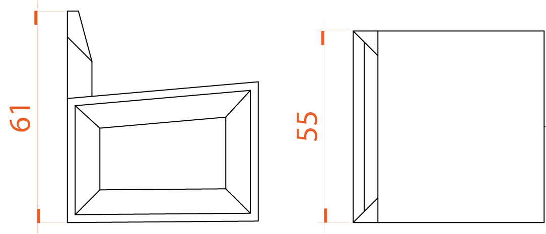Rija Lounge Chair technical drawings with 61 centimetre and 55 centimetre dimension labels