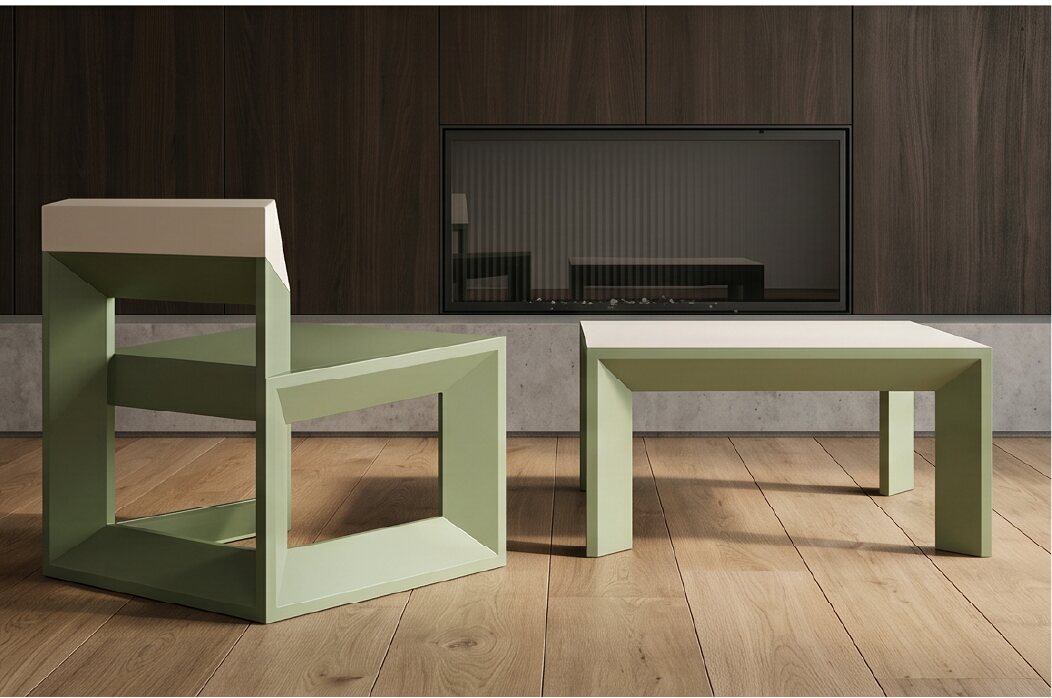 Green Rija Lounge Chair paired with a matching low table