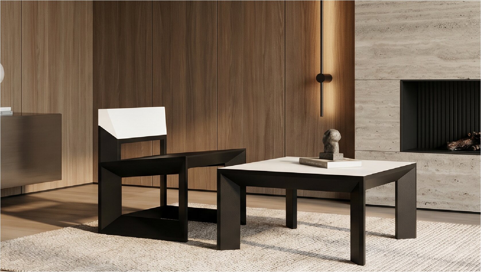 Black Rija Lounge Chair and low table in a warm living room