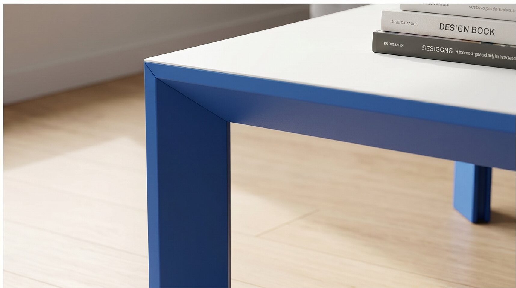 Close view of the blue Rija Table frame and white top