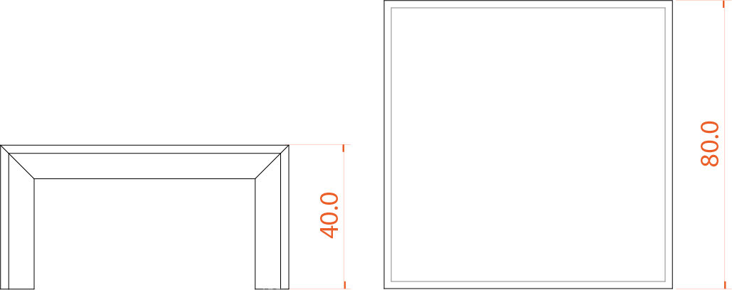 Rija Table technical drawings showing 80 centimetre square top and 40 centimetre height