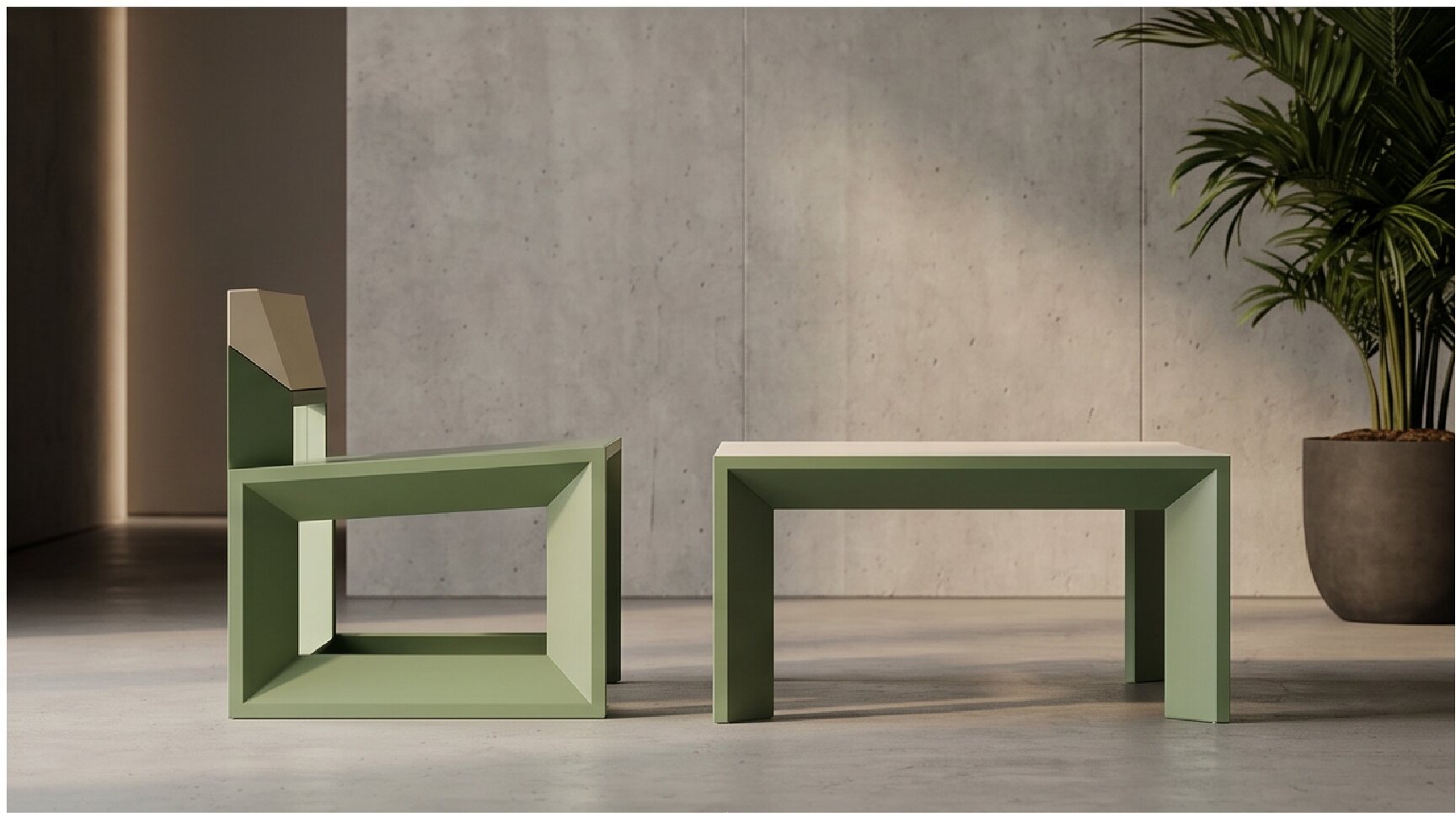 Green Rija Table paired with a matching Rija chair in a contemporary interior